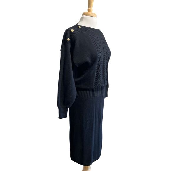 Vintage Darian Sweater Dress 80s Size M Band Waist Long Sleeve Modest Knit Black - Picture 2 of 6